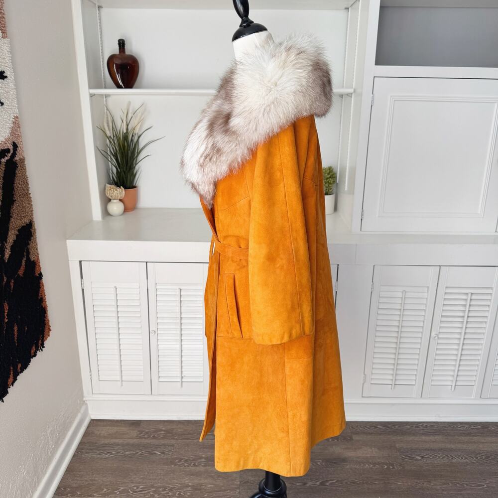 Vintage Rust Burnt Orange Suede Leather Fur Collar Trench Jacket Size M - Picture 6 of 8